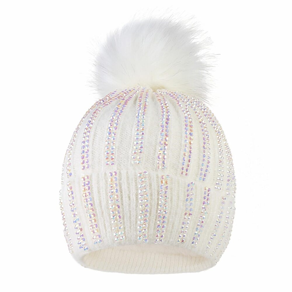 9356 Girls Winter Sequin Beanie Hat with Faux Fur Pom Pom Knit Skull Cap